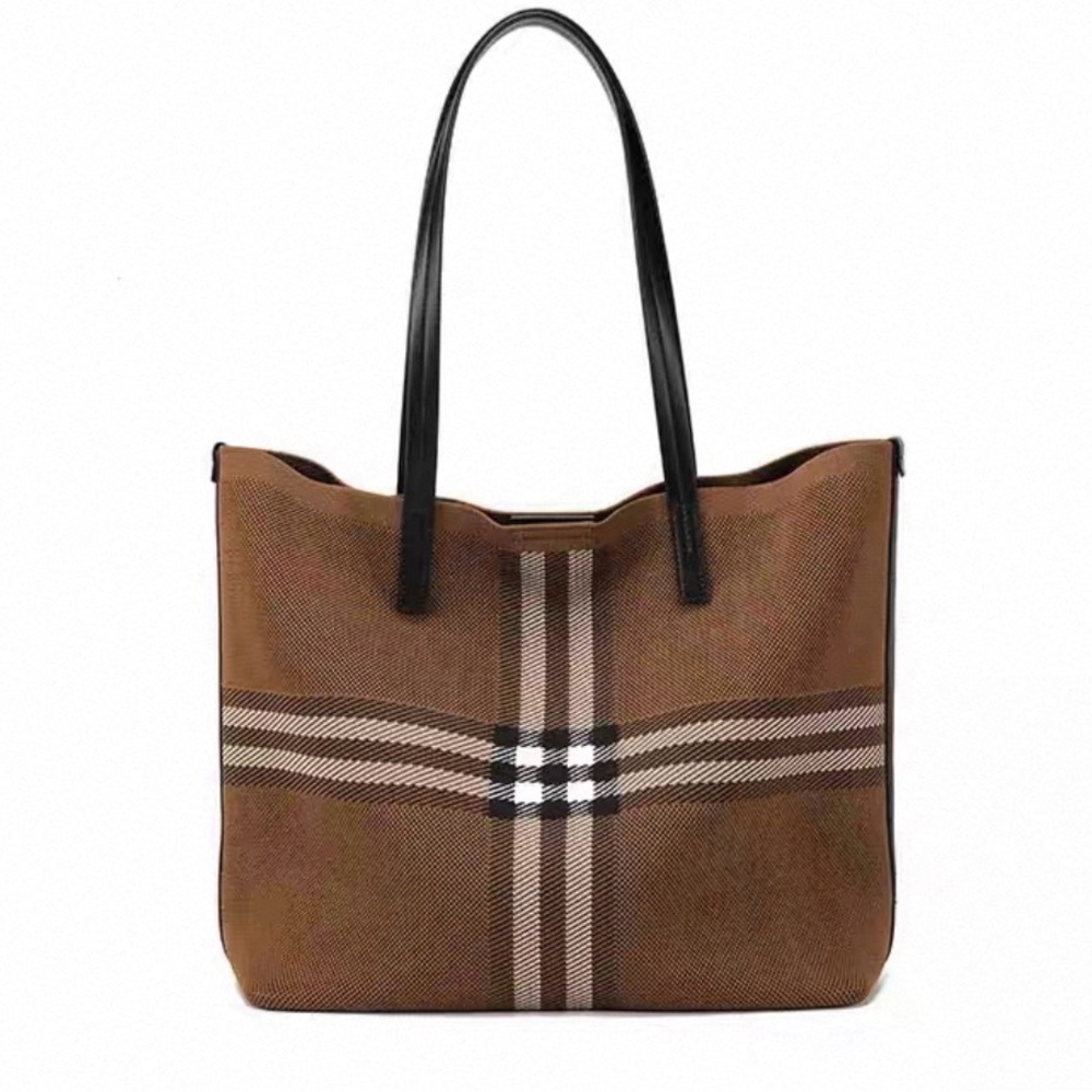 Brown Plaid Tote Bag with Black Handles